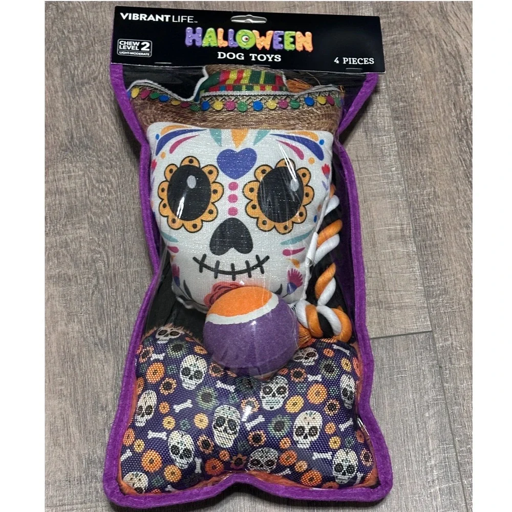 Vibrant Life Halloween Dog Toys 4 Piece Set Sugar Skull Day of the Dead Chew NWT